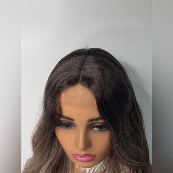 Soft Waves Ombre Wig – Brown Roots & Natural Ash Blonde Highlights 28 In - Picture 3 of 7